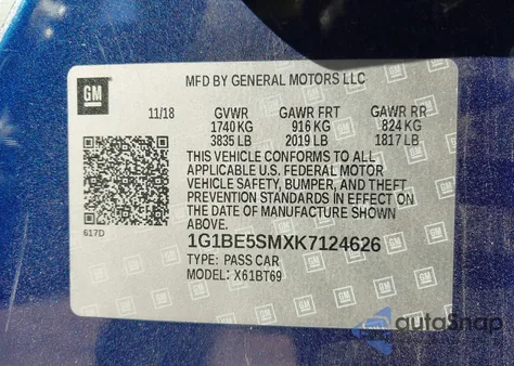 2019 Chevrolet Cruze Lt from USA, damaged, VIN 1G1BE5SMXK7124626